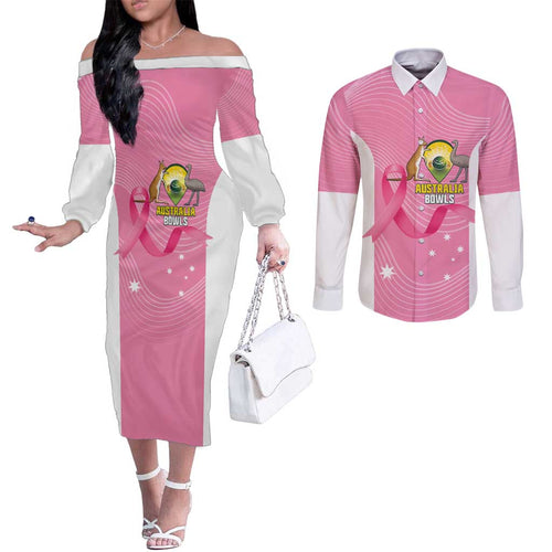 Custom Bowls Australia Breast Cancer Couples Matching Off The Shoulder Long Sleeve Dress and Long Sleeve Button Shirt Pink Ribbon Aussie Map With Kangaroo Emu - Aussie Hoodie
