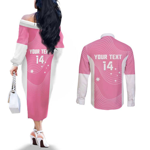 Custom Bowls Australia Breast Cancer Couples Matching Off The Shoulder Long Sleeve Dress and Long Sleeve Button Shirt Pink Ribbon Aussie Map With Kangaroo Emu - Aussie Hoodie