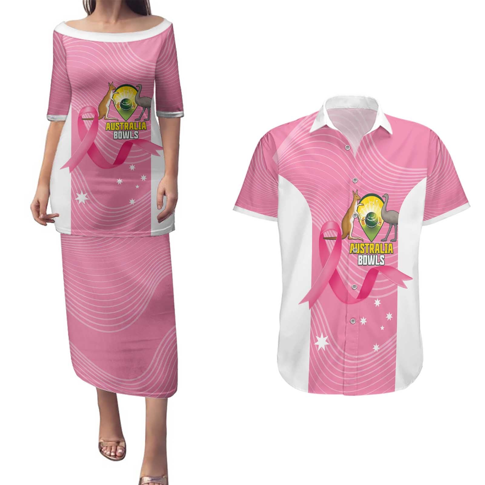 Custom Bowls Australia Breast Cancer Couples Matching Puletasi and Hawaiian Shirt Pink Ribbon Aussie Map With Kangaroo Emu - Aussie Hoodie