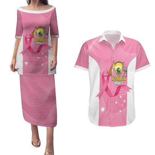 Custom Bowls Australia Breast Cancer Couples Matching Puletasi and Hawaiian Shirt Pink Ribbon Aussie Map With Kangaroo Emu - Aussie Hoodie