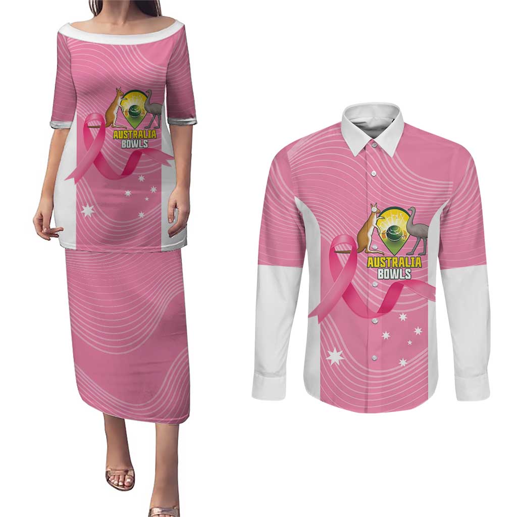 Custom Bowls Australia Breast Cancer Couples Matching Puletasi and Long Sleeve Button Shirt Pink Ribbon Aussie Map With Kangaroo Emu - Aussie Hoodie