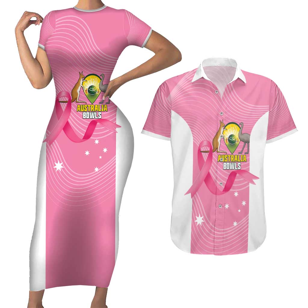 Custom Bowls Australia Breast Cancer Couples Matching Short Sleeve Bodycon Dress and Hawaiian Shirt Pink Ribbon Aussie Map With Kangaroo Emu - Aussie Hoodie