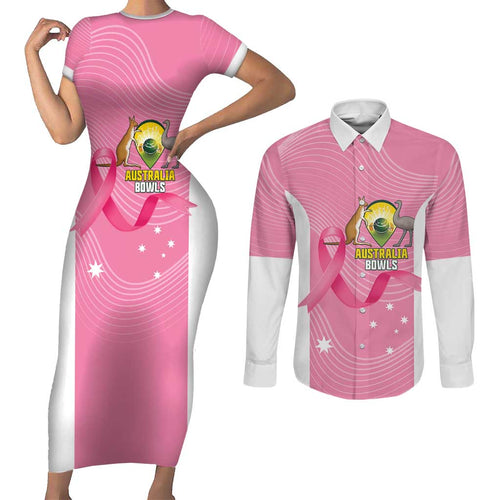 Custom Bowls Australia Breast Cancer Couples Matching Short Sleeve Bodycon Dress and Long Sleeve Button Shirt Pink Ribbon Aussie Map With Kangaroo Emu - Aussie Hoodie