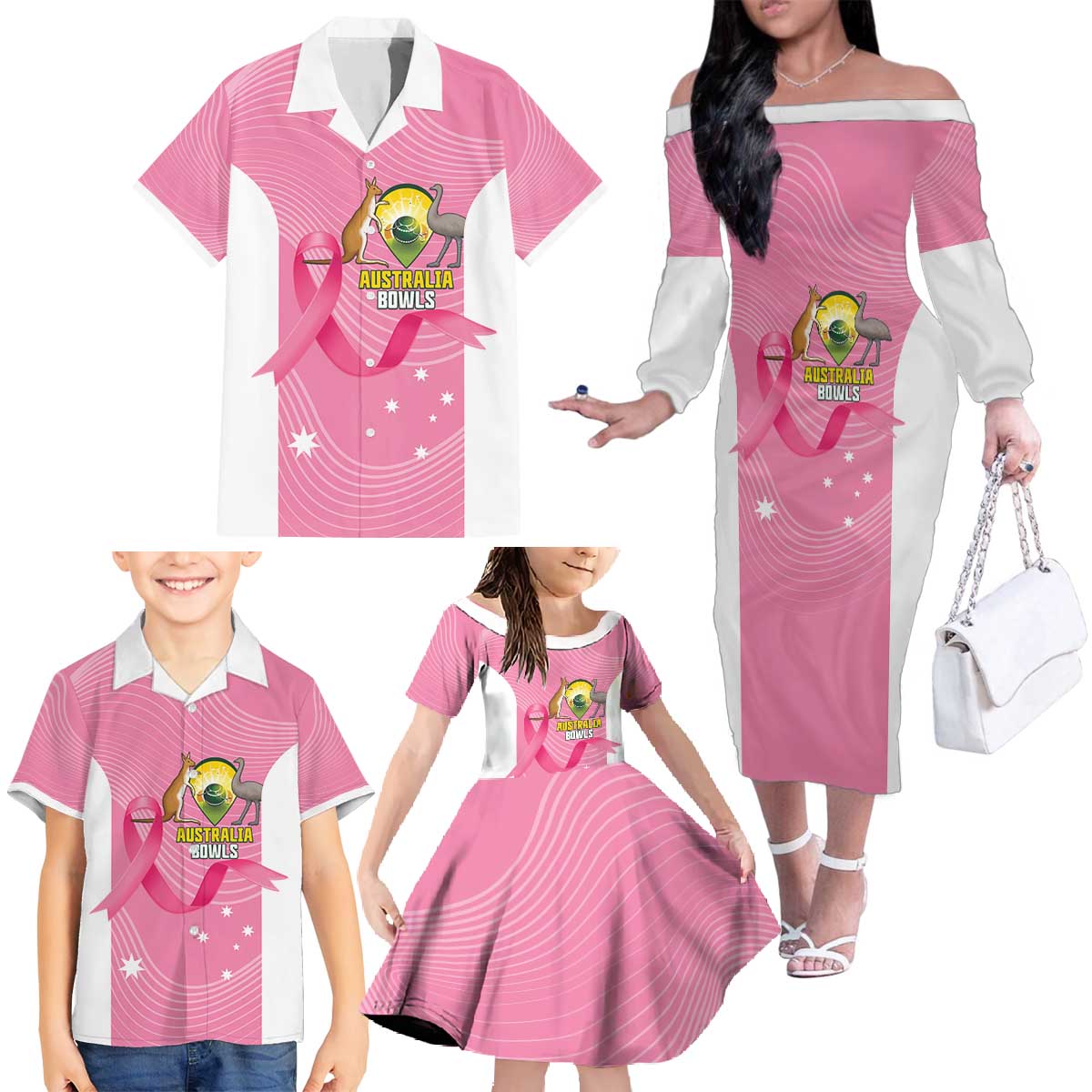 Custom Bowls Australia Breast Cancer Family Matching Off The Shoulder Long Sleeve Dress and Hawaiian Shirt Pink Ribbon Aussie Map With Kangaroo Emu - Aussie Hoodie