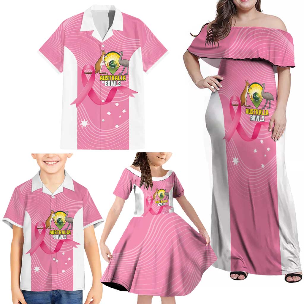 Custom Bowls Australia Breast Cancer Family Matching Off Shoulder Maxi Dress and Hawaiian Shirt Pink Ribbon Aussie Map With Kangaroo Emu - Aussie Hoodie