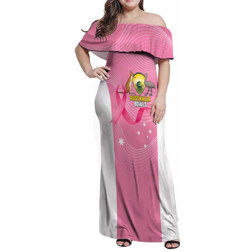 Custom Bowls Australia Breast Cancer Family Matching Off Shoulder Maxi Dress and Hawaiian Shirt Pink Ribbon Aussie Map With Kangaroo Emu - Aussie Hoodie