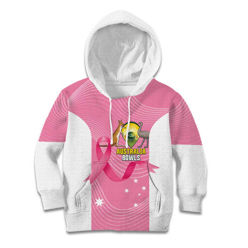 Custom Bowls Australia Breast Cancer Kid Hoodie Pink Ribbon Aussie Map With Kangaroo Emu - Aussie Hoodie