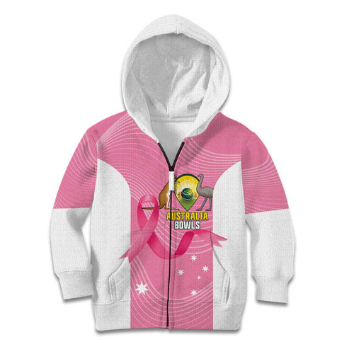 Custom Bowls Australia Breast Cancer Kid Hoodie Pink Ribbon Aussie Map With Kangaroo Emu - Aussie Hoodie