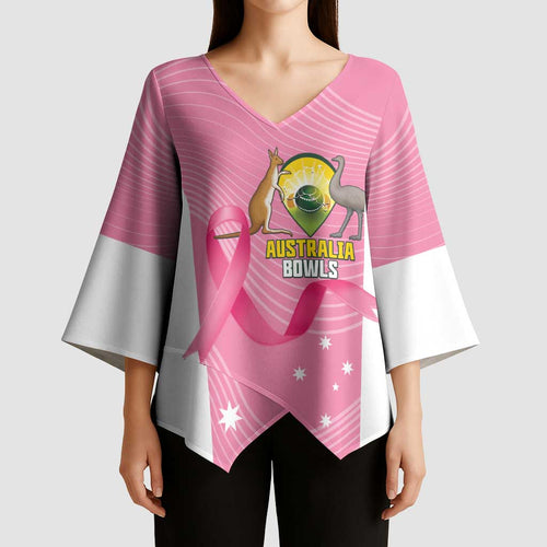 Custom Bowls Australia Breast Cancer Kimono Sleeve Blouse Pink Ribbon Aussie Map With Kangaroo Emu - Aussie Hoodie