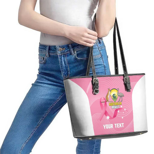 Custom Bowls Australia Breast Cancer Leather Tote Bag Pink Ribbon Aussie Map With Kangaroo Emu - Aussie Hoodie