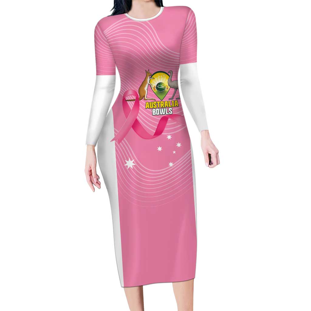 Custom Bowls Australia Breast Cancer Long Sleeve Bodycon Dress Pink Ribbon Aussie Map With Kangaroo Emu - Aussie Hoodie