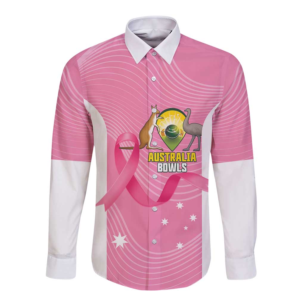 Custom Bowls Australia Breast Cancer Long Sleeve Button Shirt Pink Ribbon Aussie Map With Kangaroo Emu - Aussie Hoodie