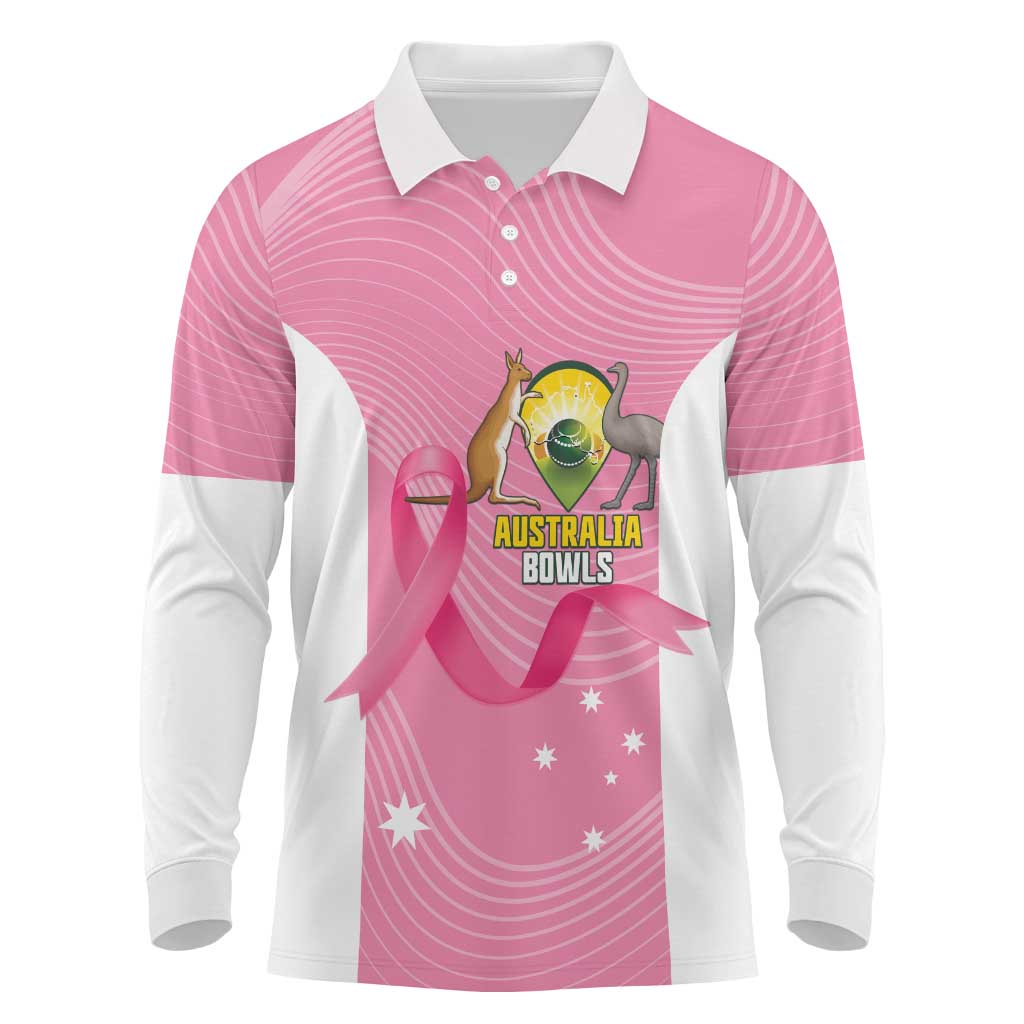 Custom Bowls Australia Breast Cancer Long Sleeve Polo Shirt Pink Ribbon Aussie Map With Kangaroo Emu - Aussie Hoodie