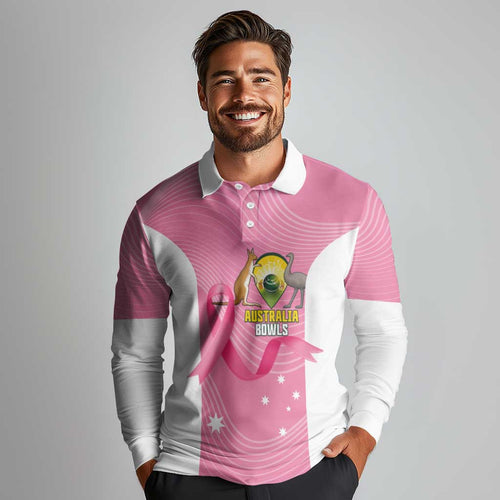 Custom Bowls Australia Breast Cancer Long Sleeve Polo Shirt Pink Ribbon Aussie Map With Kangaroo Emu - Aussie Hoodie