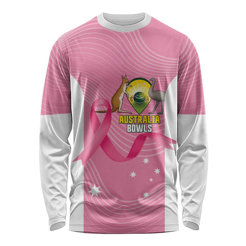 Custom Bowls Australia Breast Cancer Long Sleeve Shirt Pink Ribbon Aussie Map With Kangaroo Emu - Aussie Hoodie