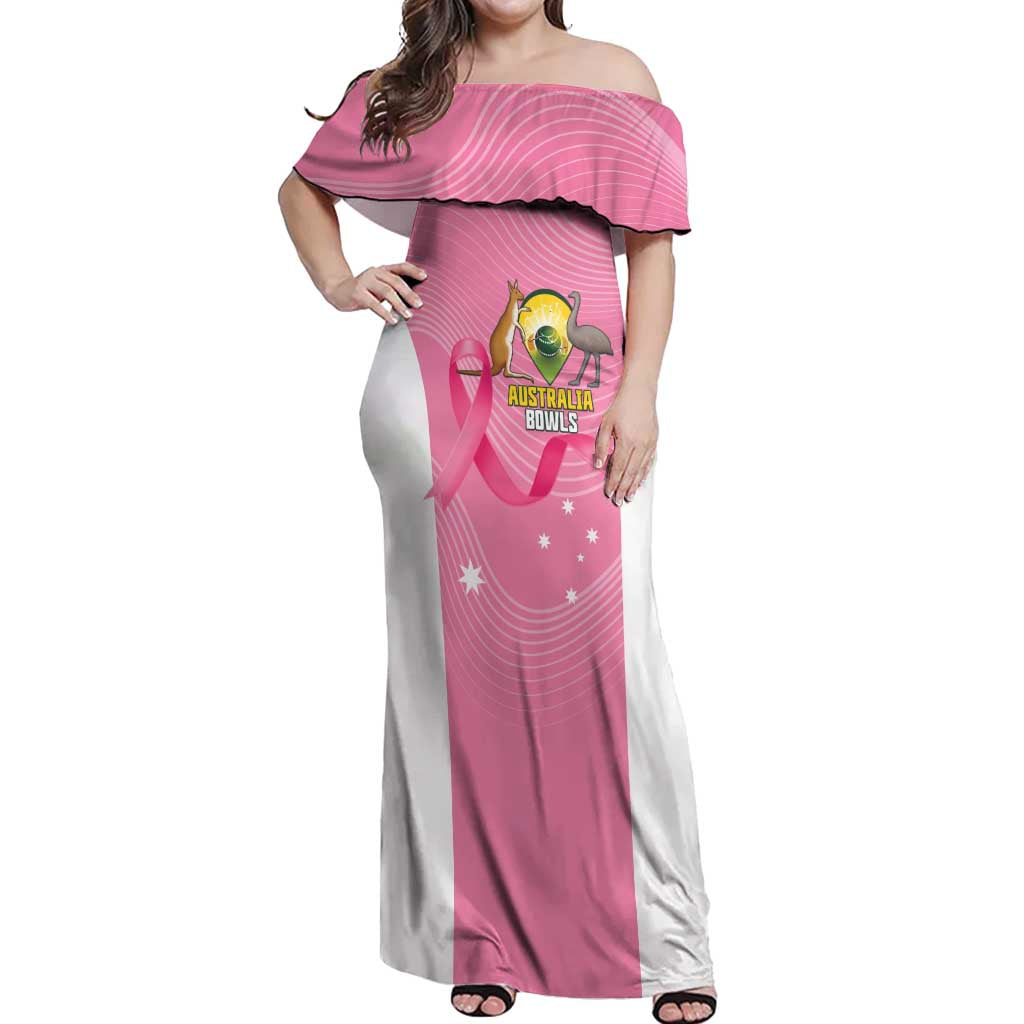 Custom Bowls Australia Breast Cancer Off Shoulder Maxi Dress Pink Ribbon Aussie Map With Kangaroo Emu - Aussie Hoodie