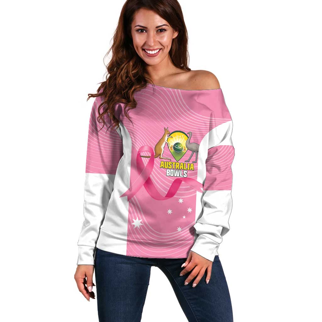 Custom Bowls Australia Breast Cancer Off Shoulder Sweater Pink Ribbon Aussie Map With Kangaroo Emu - Aussie Hoodie