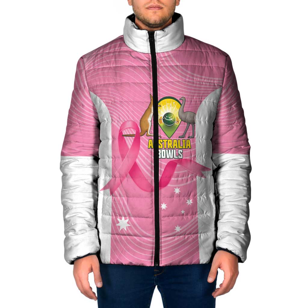 Custom Bowls Australia Breast Cancer Padded Jacket Pink Ribbon Aussie Map With Kangaroo Emu - Aussie Hoodie
