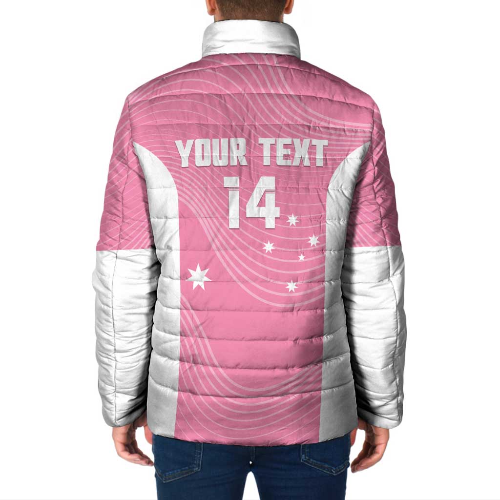 Custom Bowls Australia Breast Cancer Padded Jacket Pink Ribbon Aussie Map With Kangaroo Emu - Aussie Hoodie