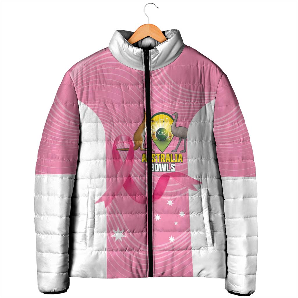 Custom Bowls Australia Breast Cancer Padded Jacket Pink Ribbon Aussie Map With Kangaroo Emu - Aussie Hoodie