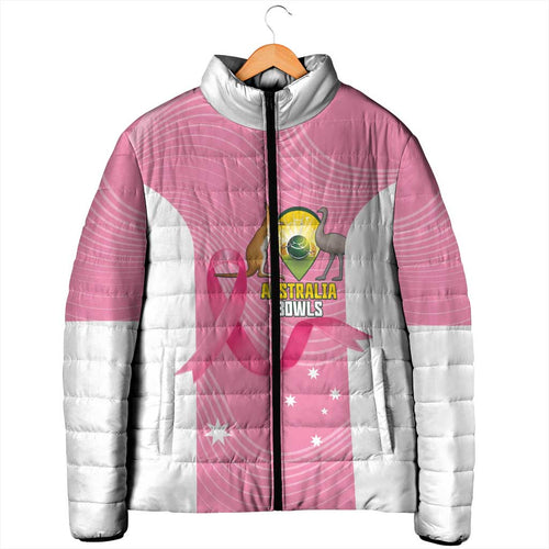 Custom Bowls Australia Breast Cancer Padded Jacket Pink Ribbon Aussie Map With Kangaroo Emu - Aussie Hoodie