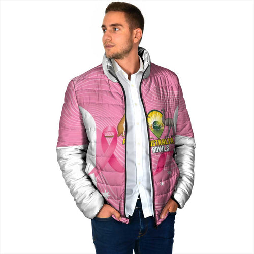 Custom Bowls Australia Breast Cancer Padded Jacket Pink Ribbon Aussie Map With Kangaroo Emu - Aussie Hoodie