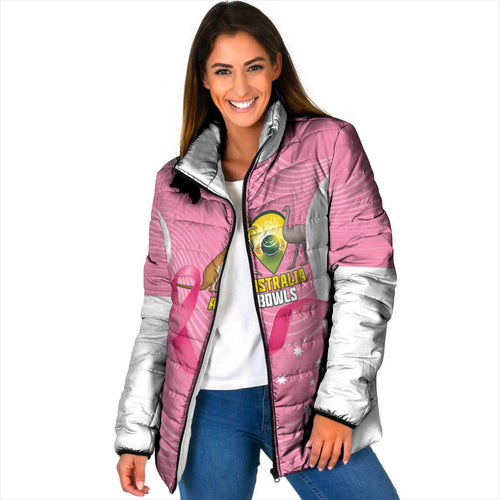Custom Bowls Australia Breast Cancer Padded Jacket Pink Ribbon Aussie Map With Kangaroo Emu - Aussie Hoodie
