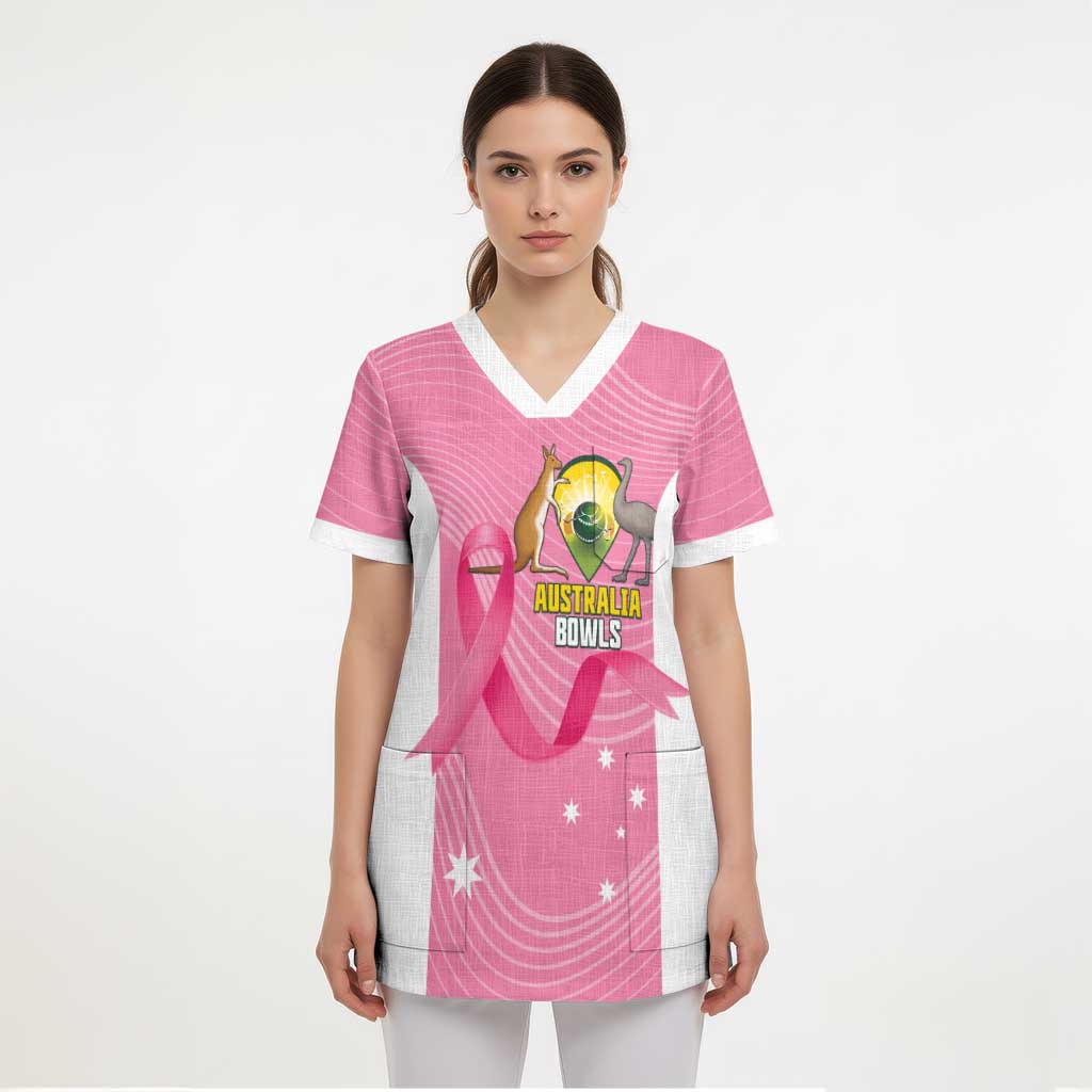 Custom Bowls Australia Breast Cancer Scrub Top Pink Ribbon Aussie Map With Kangaroo Emu - Aussie Hoodie