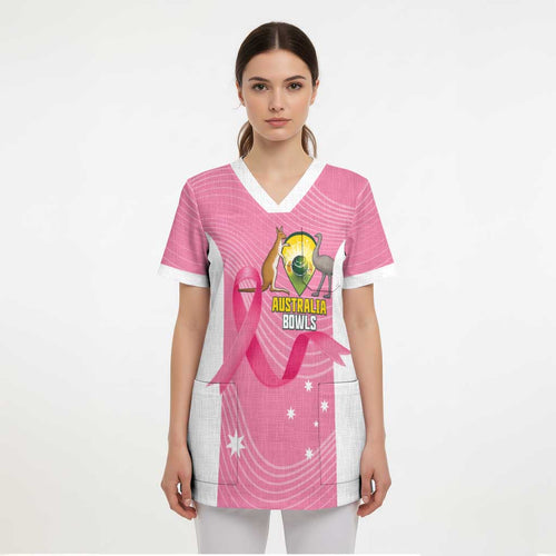 Custom Bowls Australia Breast Cancer Scrub Top Pink Ribbon Aussie Map With Kangaroo Emu - Aussie Hoodie