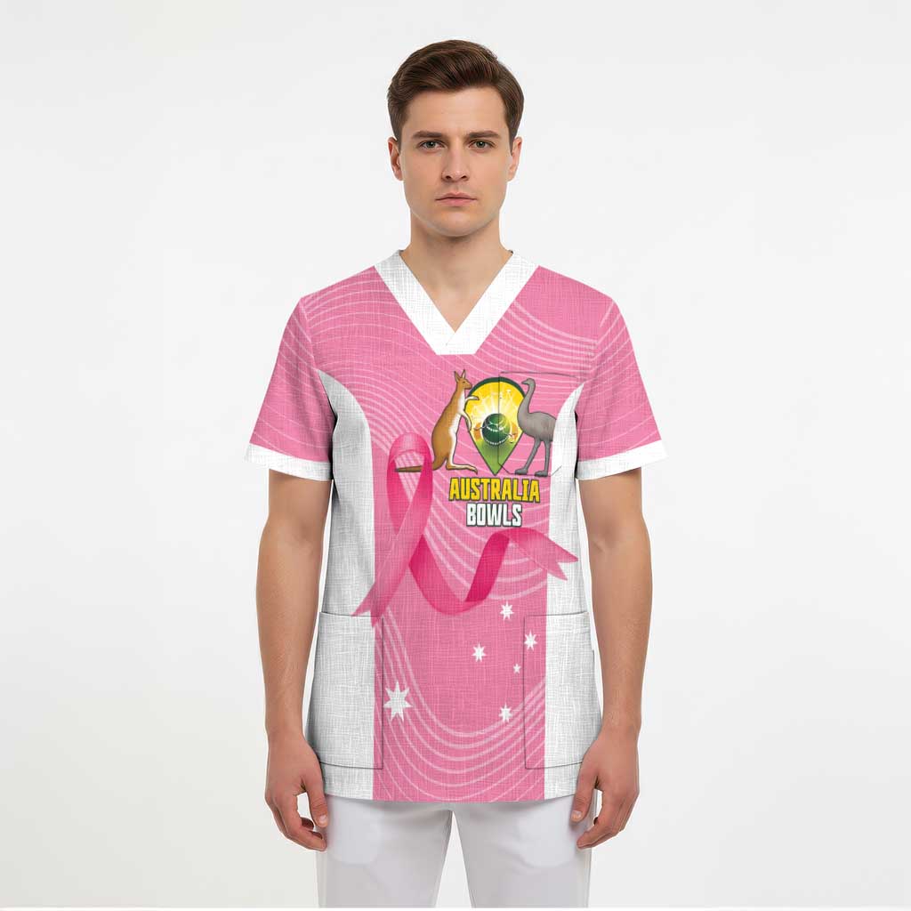 Custom Bowls Australia Breast Cancer Scrub Top Pink Ribbon Aussie Map With Kangaroo Emu - Aussie Hoodie