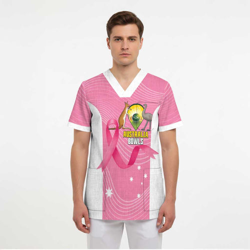 Custom Bowls Australia Breast Cancer Scrub Top Pink Ribbon Aussie Map With Kangaroo Emu - Aussie Hoodie
