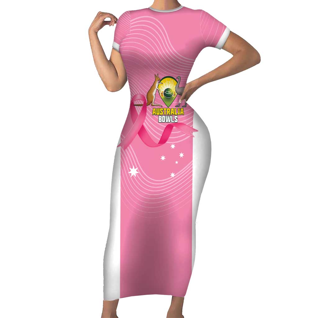 Custom Bowls Australia Breast Cancer Short Sleeve Bodycon Dress Pink Ribbon Aussie Map With Kangaroo Emu - Aussie Hoodie