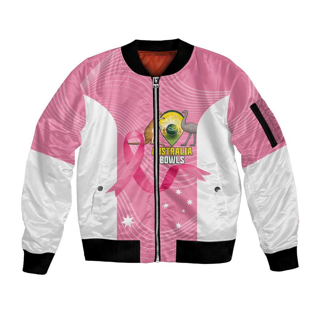 Custom Bowls Australia Breast Cancer Sleeve Zip Bomber Jacket Pink Ribbon Aussie Map With Kangaroo Emu - Aussie Hoodie