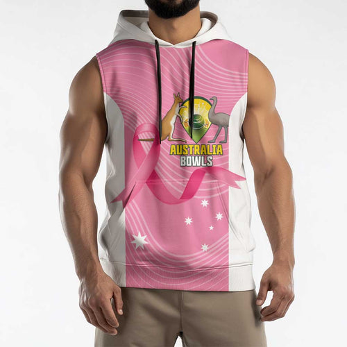 Custom Bowls Australia Breast Cancer Sleeveless Hoodie Pink Ribbon Aussie Map With Kangaroo Emu - Aussie Hoodie