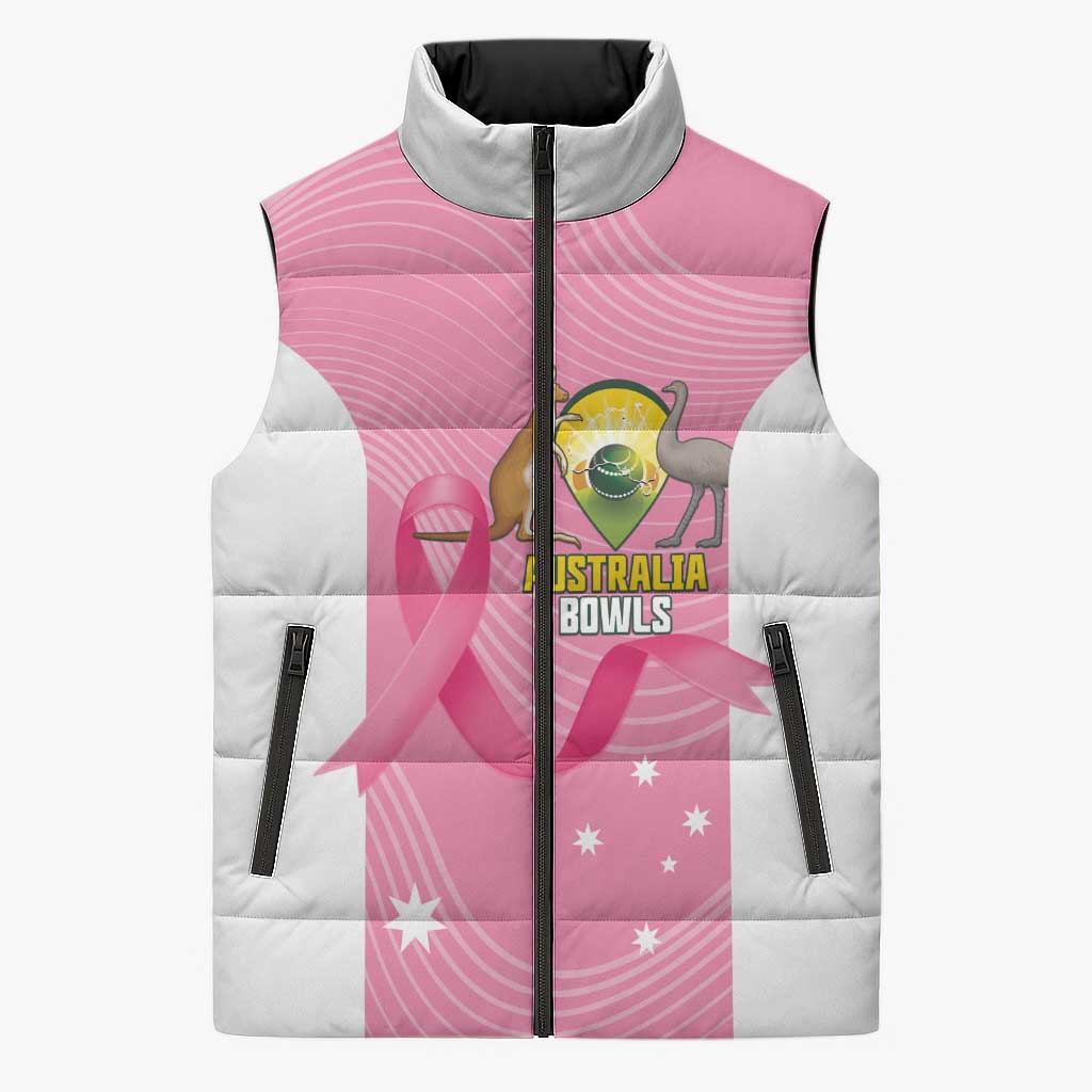 Custom Bowls Australia Breast Cancer Sleeveless Puffer Jacket Pink Ribbon Aussie Map With Kangaroo Emu - Aussie Hoodie