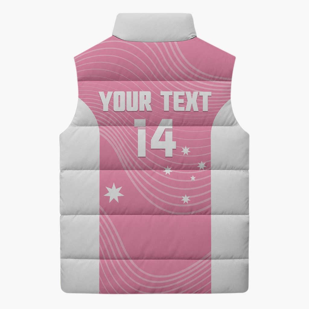 Custom Bowls Australia Breast Cancer Sleeveless Puffer Jacket Pink Ribbon Aussie Map With Kangaroo Emu - Aussie Hoodie