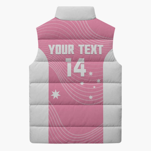 Custom Bowls Australia Breast Cancer Sleeveless Puffer Jacket Pink Ribbon Aussie Map With Kangaroo Emu - Aussie Hoodie