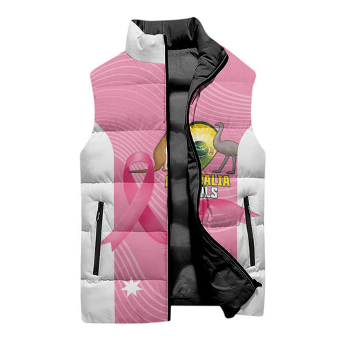 Custom Bowls Australia Breast Cancer Sleeveless Puffer Jacket Pink Ribbon Aussie Map With Kangaroo Emu - Aussie Hoodie