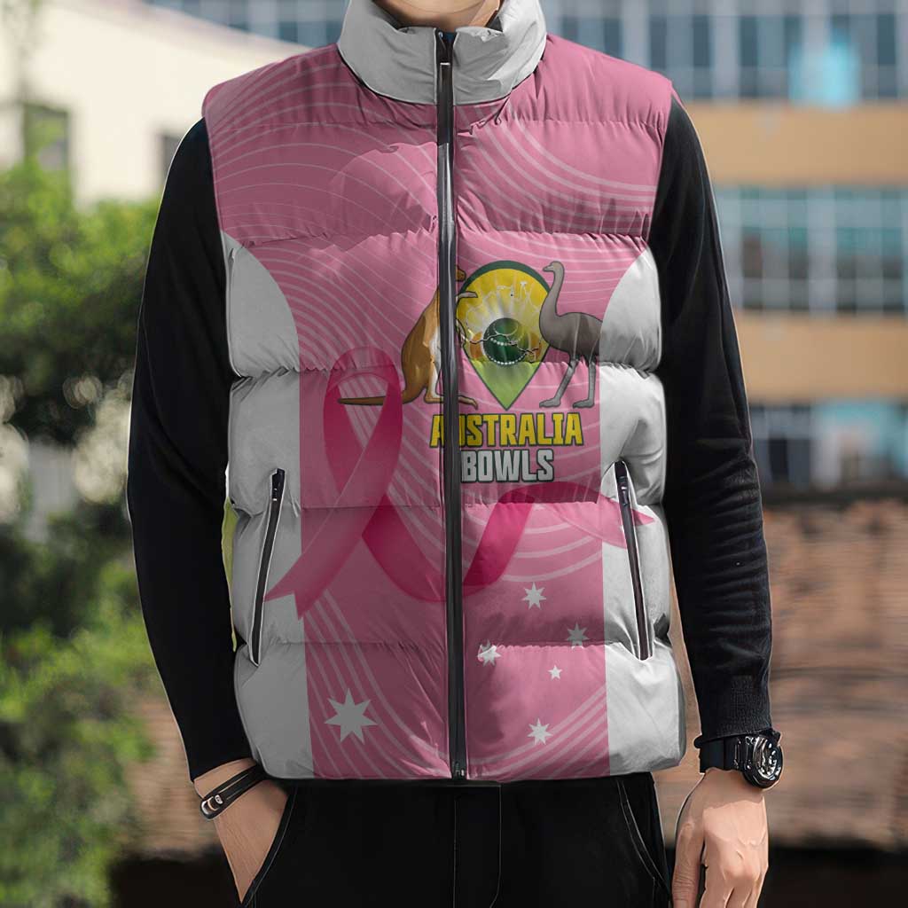 Custom Bowls Australia Breast Cancer Sleeveless Puffer Jacket Pink Ribbon Aussie Map With Kangaroo Emu - Aussie Hoodie