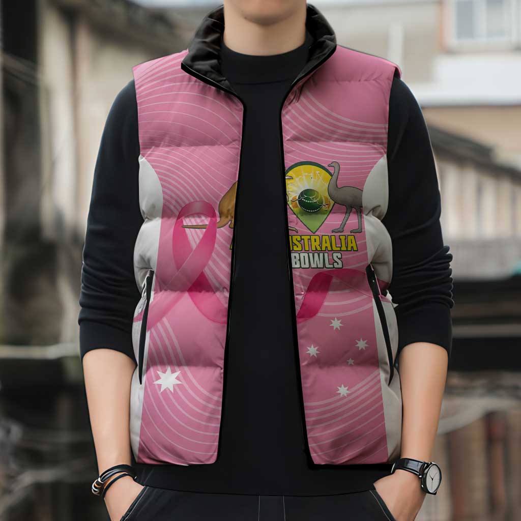 Custom Bowls Australia Breast Cancer Sleeveless Puffer Jacket Pink Ribbon Aussie Map With Kangaroo Emu - Aussie Hoodie