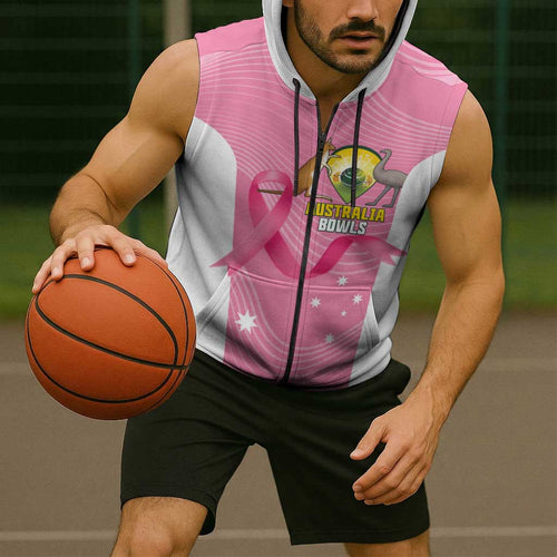 Custom Bowls Australia Breast Cancer Sleeveless Zip Hoodie Pink Ribbon Aussie Map With Kangaroo Emu LT14