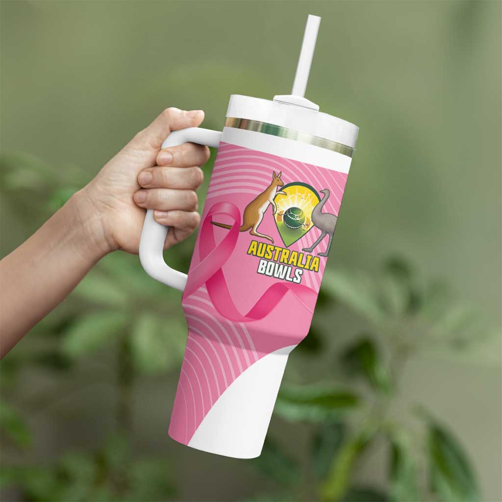Custom Bowls Australia Breast Cancer Tumbler With Handle Pink Ribbon Aussie Map With Kangaroo Emu - Aussie Hoodie