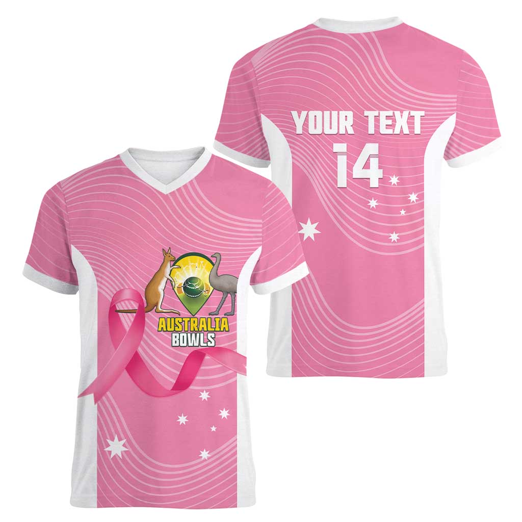 Custom Bowls Australia Breast Cancer Women V-Neck T-Shirt Pink Ribbon Aussie Map With Kangaroo Emu - Aussie Hoodie