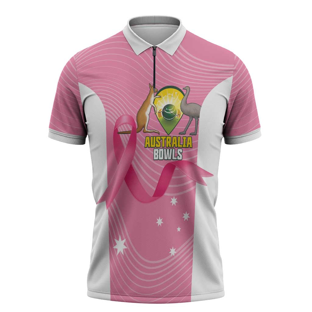 Custom Bowls Australia Breast Cancer Zipper Polo Shirt Pink Ribbon Aussie Map With Kangaroo Emu - Aussie Hoodie
