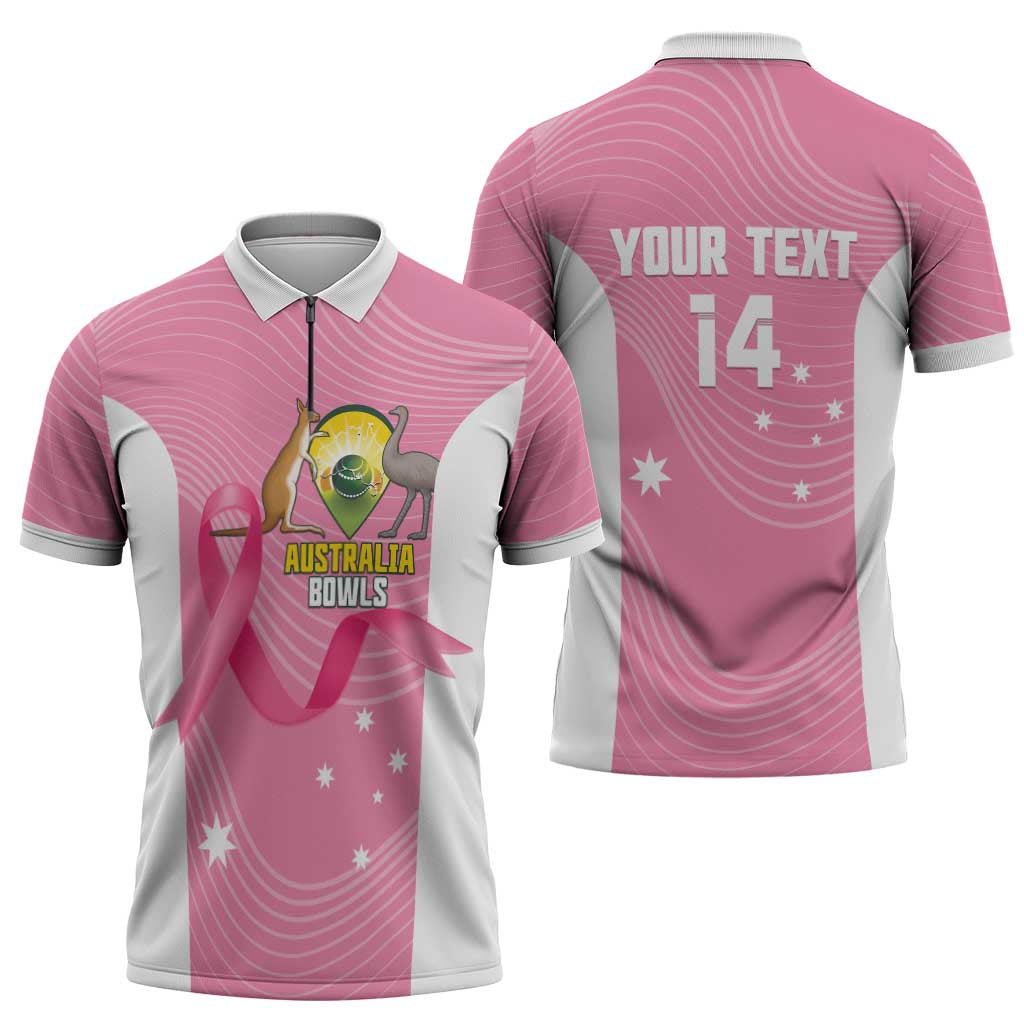 Custom Bowls Australia Breast Cancer Zipper Polo Shirt Pink Ribbon Aussie Map With Kangaroo Emu - Aussie Hoodie