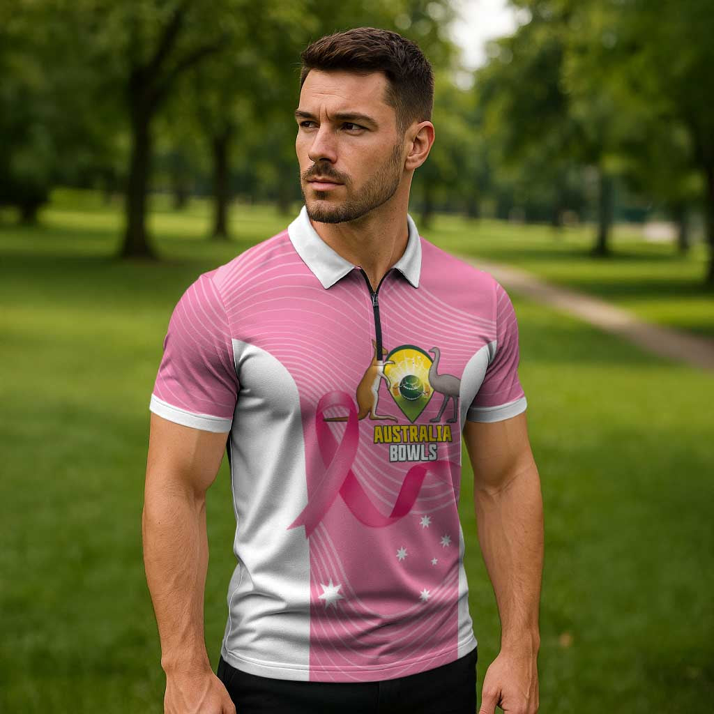 Custom Bowls Australia Breast Cancer Zipper Polo Shirt Pink Ribbon Aussie Map With Kangaroo Emu - Aussie Hoodie