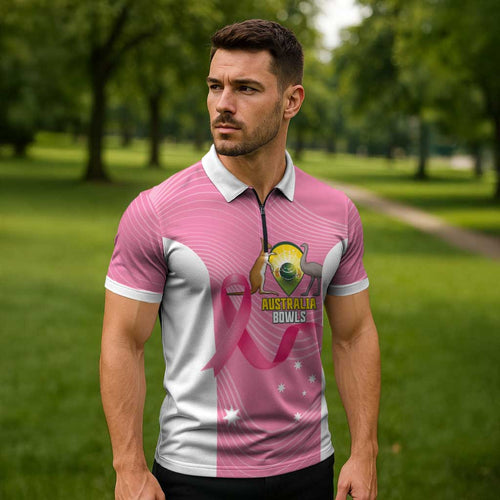 Custom Bowls Australia Breast Cancer Zipper Polo Shirt Pink Ribbon Aussie Map With Kangaroo Emu - Aussie Hoodie