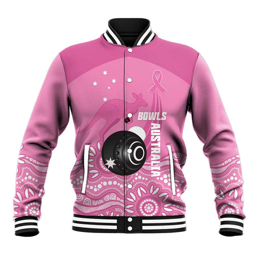 Custom Bowls Australia Breast Cancer Baseball Jacket Pink Ribbon Kangaroo Aboriginal Art - Aussie Hoodie