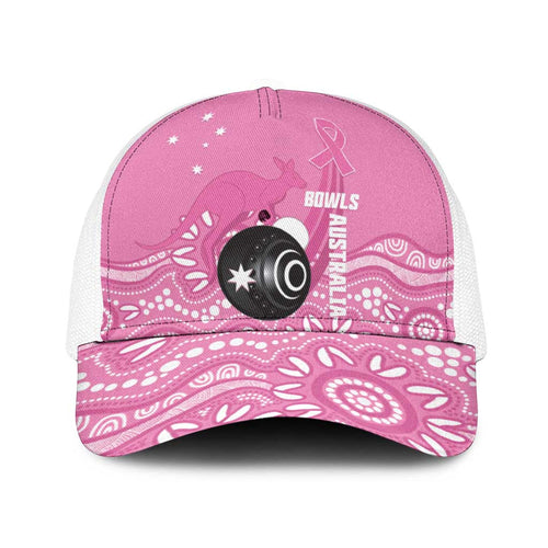 Bowls Australia Breast Cancer Baseball Net Cap Pink Ribbon Kangaroo Aboriginal Art - Aussie Hoodie