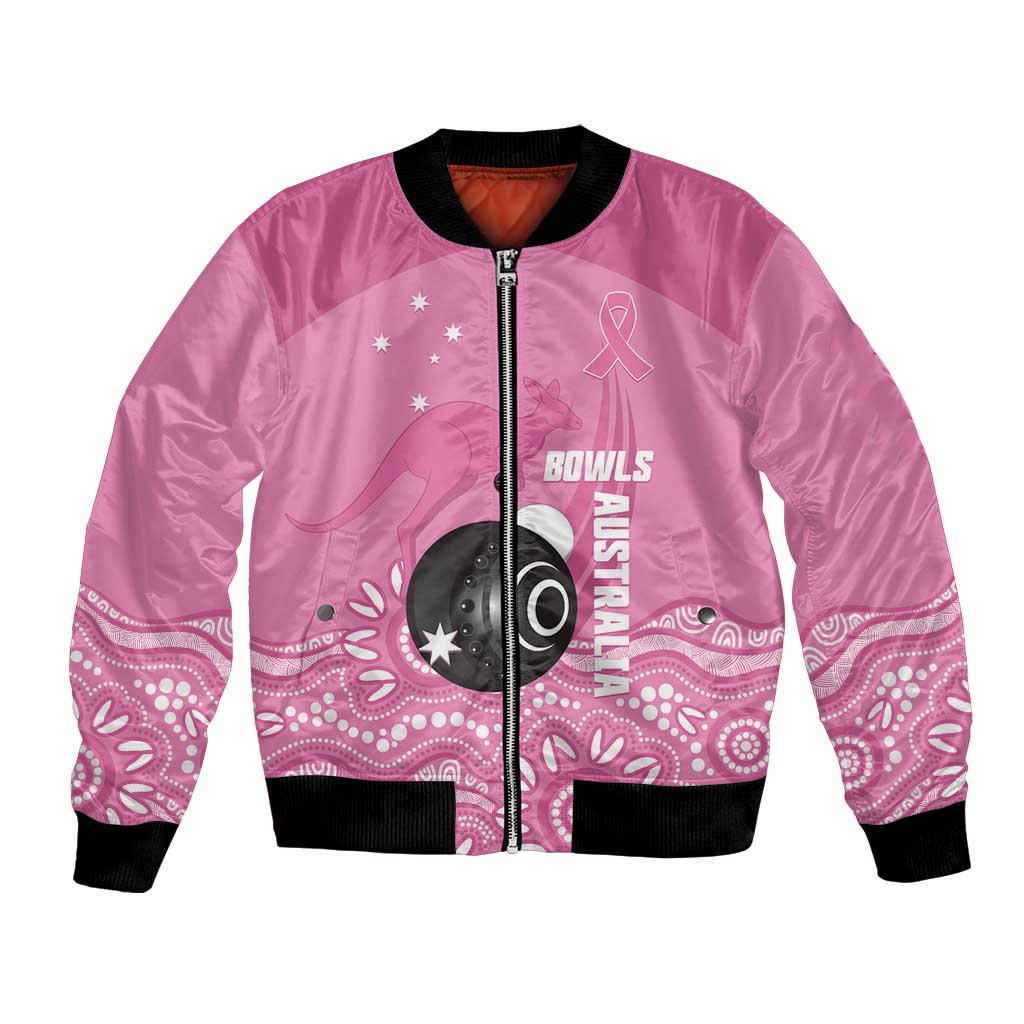 Custom Bowls Australia Breast Cancer Bomber Jacket Pink Ribbon Kangaroo Aboriginal Art - Aussie Hoodie